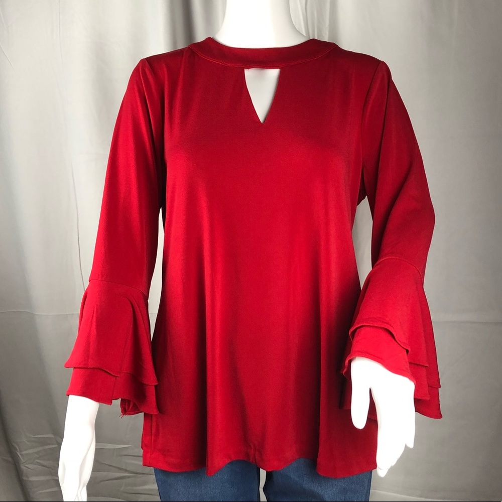 Red Keyhole Top with Ruffled Sleeves - Picture 3 of 7